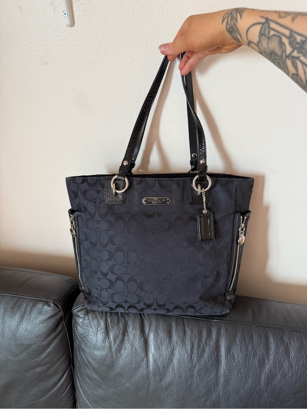 Coach Black Signature Jacquard Tote with Leather Straps